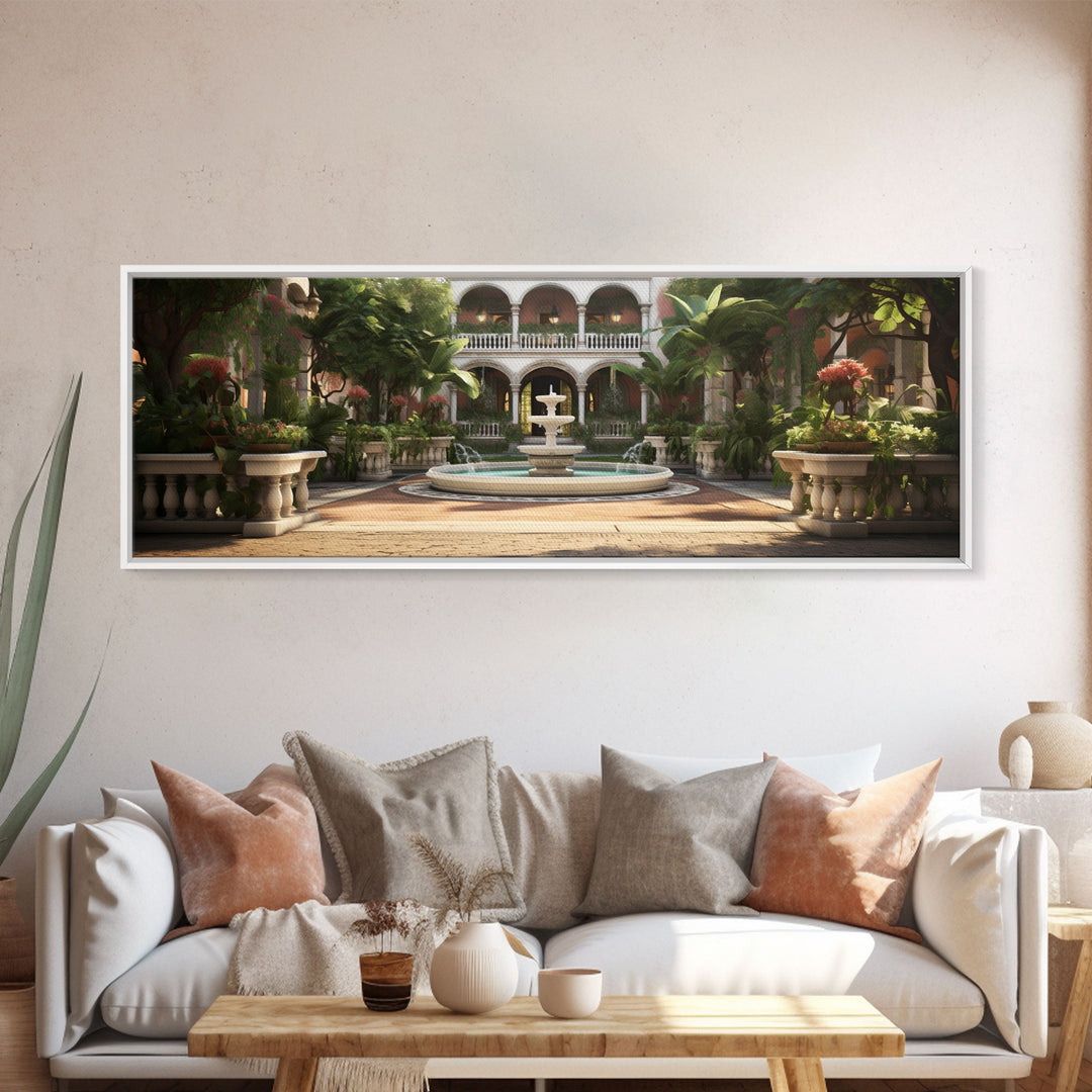 The Court Yard With The Marble Fountain, Framed Canvas Print, Watercolor Painting Framed Wall Art