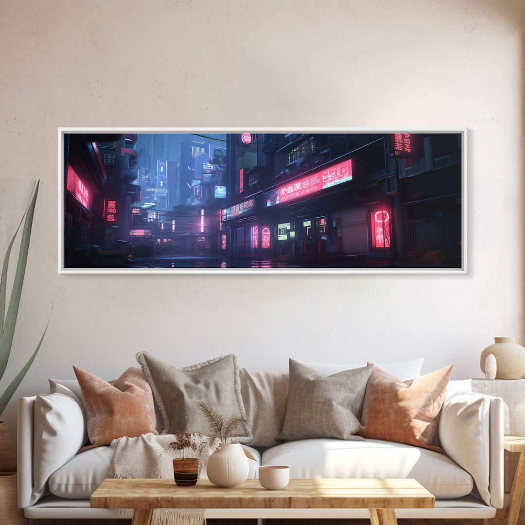 Neon Tokyo Streets, Futuristic Cyberpunk Cityscape Painting Framed Canvas Print, Game Room Decor, Framed Wall Art