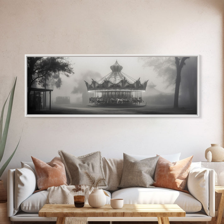 Creepy Carousel / Merry Go Round Wall Art, Framed Canvas Print, Black And White Art