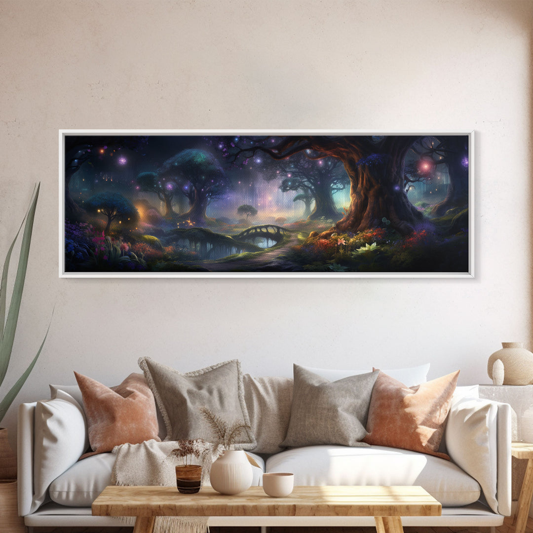 Spiritual Fantasy Forest Wall Art Print, Lanterns and Glowing Trees and Rivers, Fantasy Painting, Living Room Wall Art