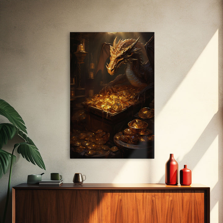 Dragon Art, Fantasy Art, Treasure Chest, Canvas Print, Wall Hanging, Portrait Art, Video Game Art, Nerdy Home Decor, Gift For Friend