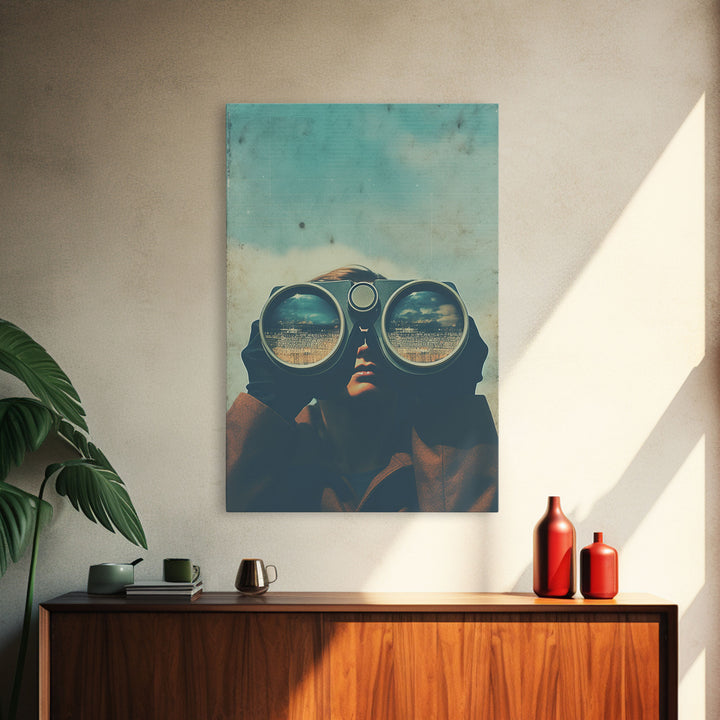 The Spy, Atomic Age Binoculars, Framed Canvas Print, Vaporwave Photography Print, Retro / Minimalist Wall Art