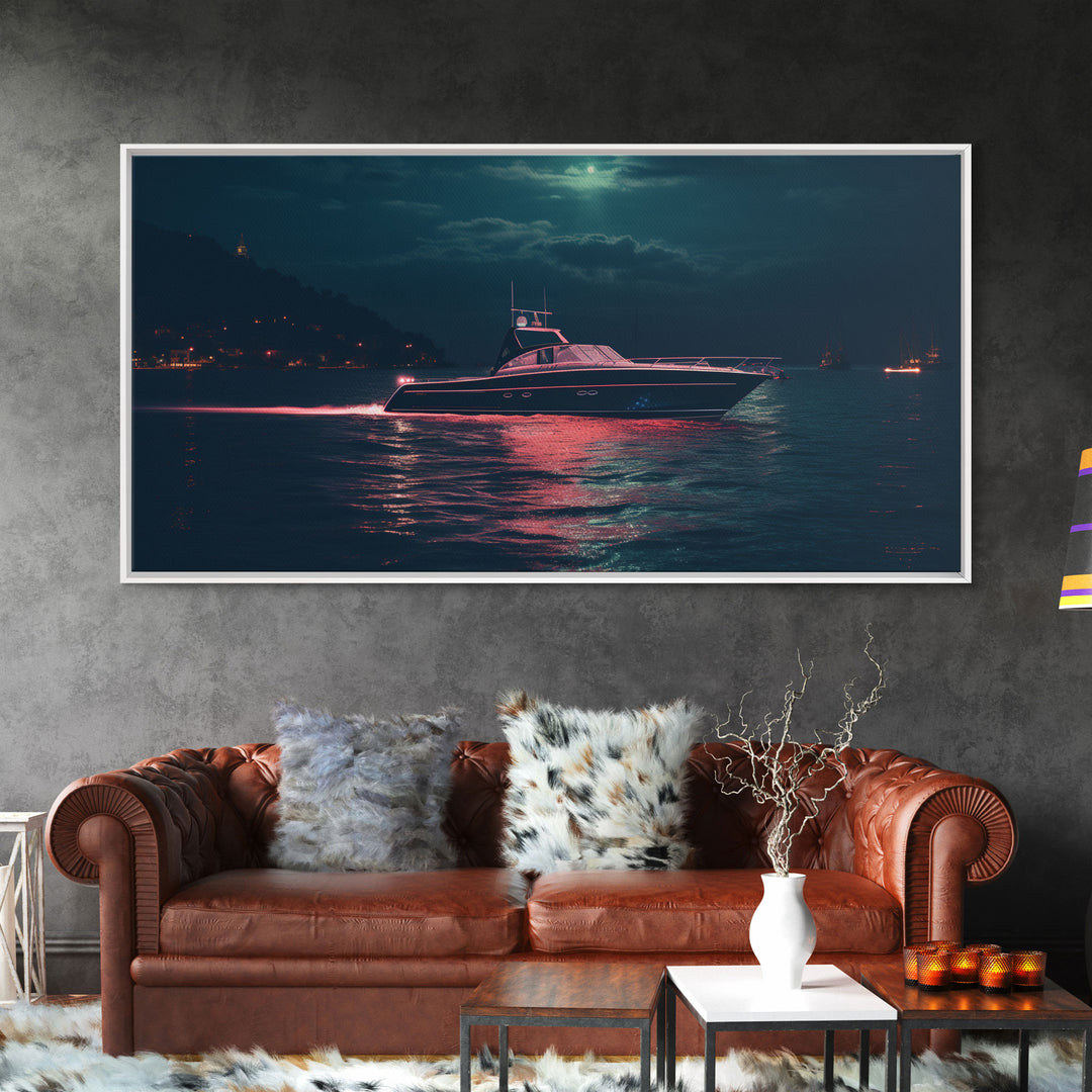 Night Cruise, Vaporwave Yacht Decor, Nautical Framed Canvas Print, Eclectic Retro Wall Art, 1980s Vibes Decor, Vintage Photography