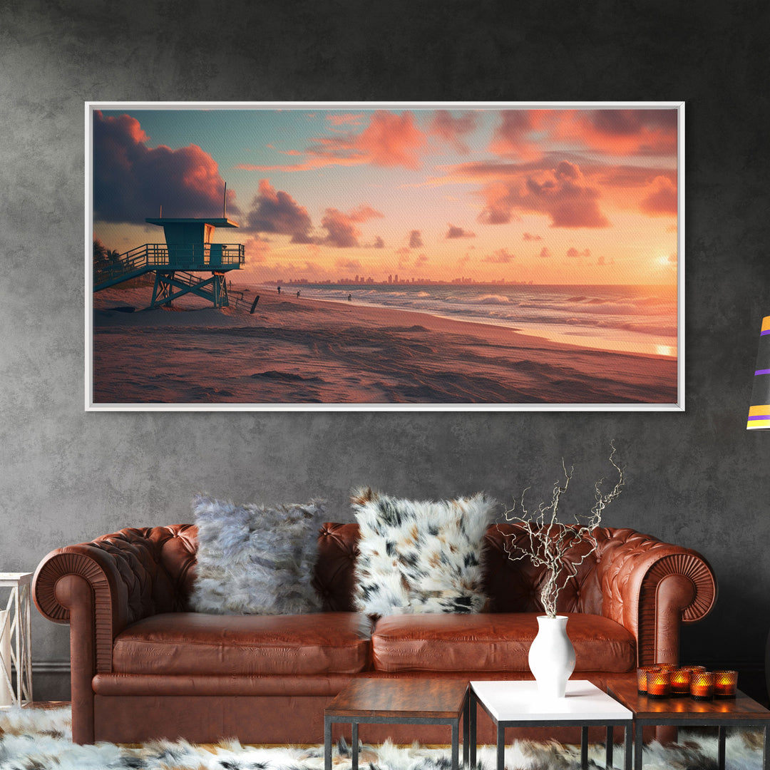 Beach At Sunset Vaporwave Decor, Nautical Framed Canvas Print, Eclectic Retro Wall Art, 1980s Vibes Decor, Vintage Photography, Liminal Art