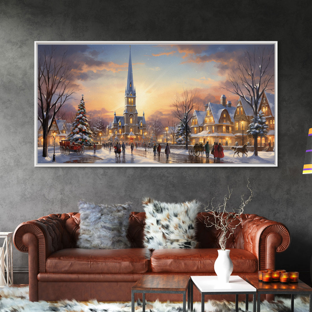 Christmas Centerpiece Wall Art - Framed Canvas Print - Winter Wonderland Victorian Village Decorated for Christmas Canvas Wall Art - Vintage