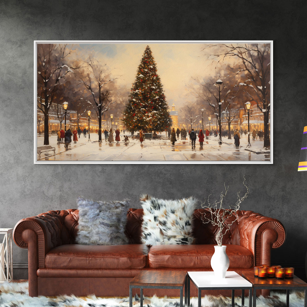Cute Christmas Village Art, Christmas Decor, Framed Canvas Print, Holiday Painting, Seasonal Decor, Christmas Tree Art Christmas Centerpiece