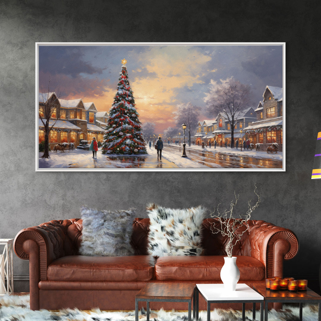 Cute Christmas Decor, Christmas Wall Art, Vintage Winter Wonderland Christmas Village Oil Painting Canvas Print, Framed Wall Art