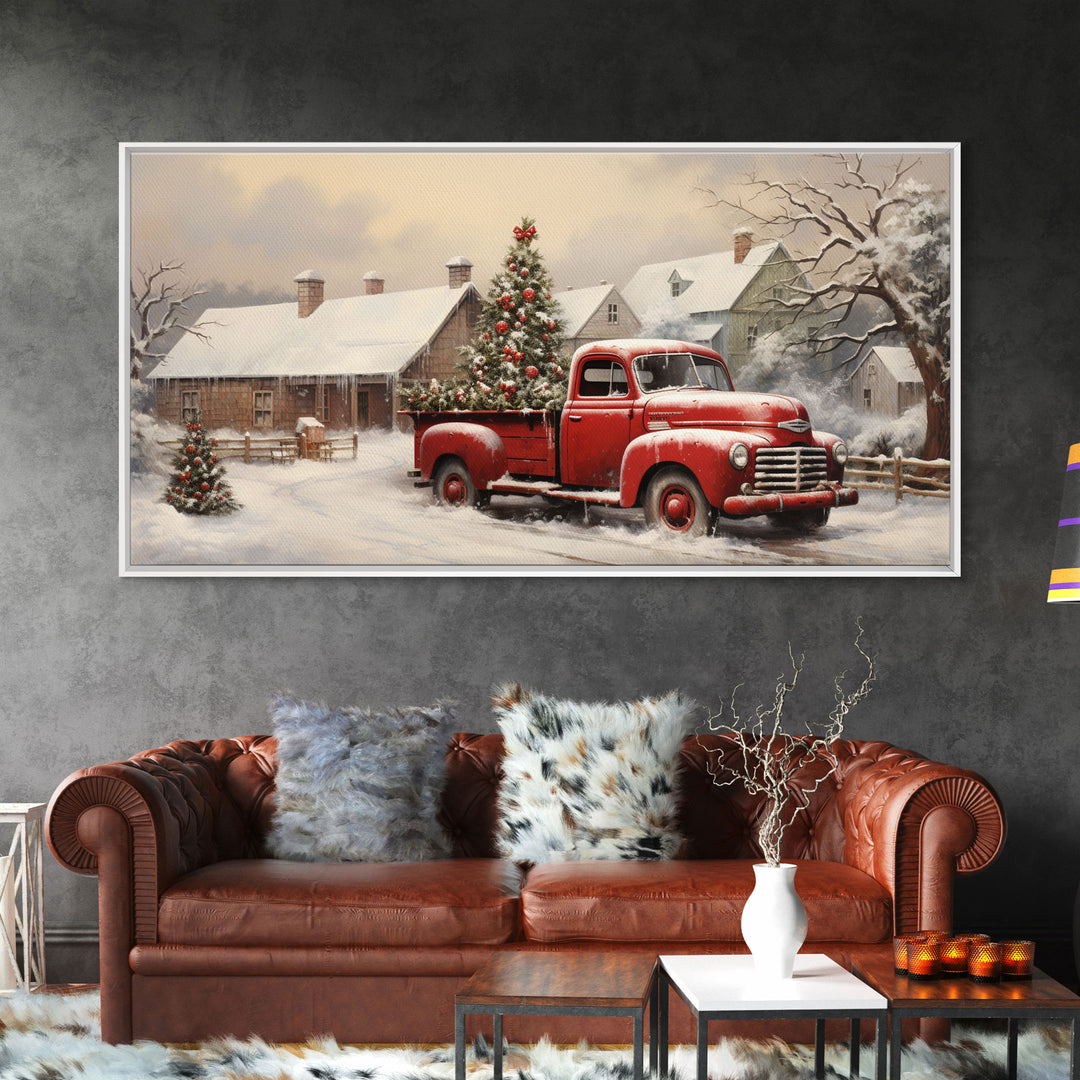 Vintage 1950s Red Truck Delivering Christmas Trees In The Snow - Framed Canvas Print - Farmhouse Christmas Decor - Retro Christmas