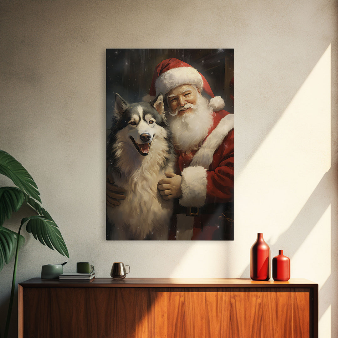 Santa Claus Holding An Alaskan Malamute,  Christmas Wall Art, Dog Gift, Christmas Dog, Winter Wall Art, Santa Decor, Santa Art Print
