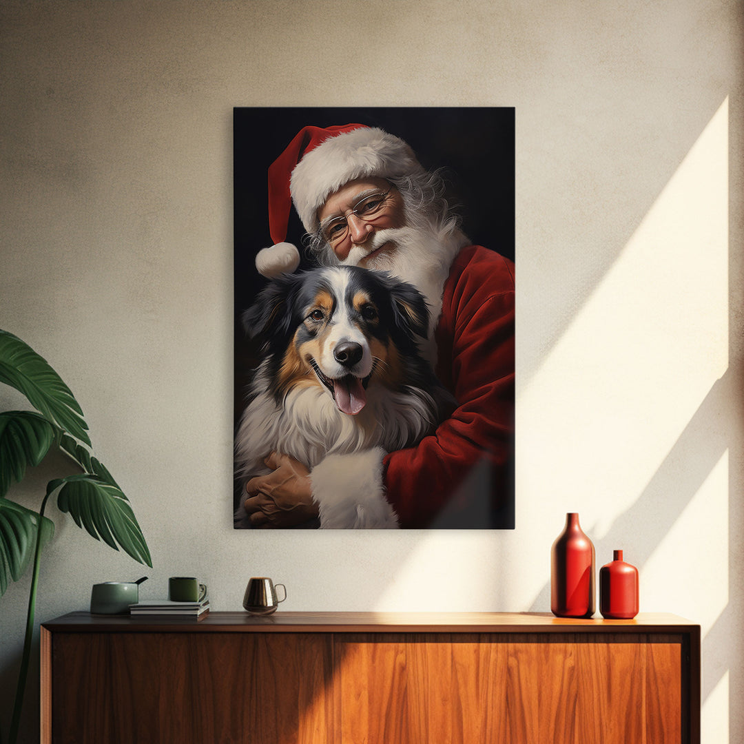 Santa Claus And His Australian Shepherd, Christmas Wall Art, Dog Gift, Christmas Dog, Winter Wall Art, Santa Decor, Santa Art Print