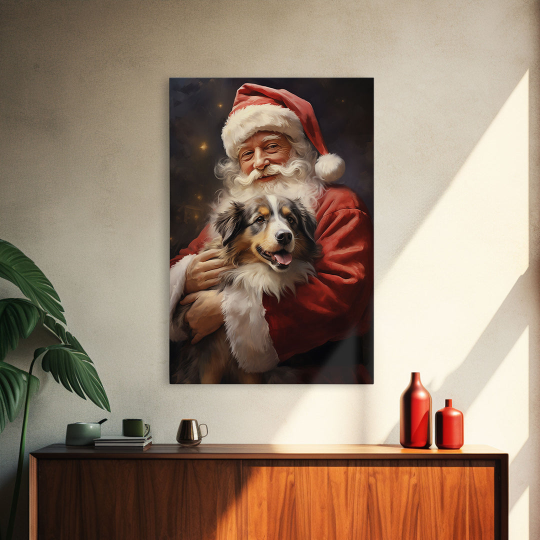 Santa Claus And His Australian Shepherd, Christmas Wall Art, Dog Gift, Christmas Dog, Winter Wall Art, Santa Decor, Santa Art Print