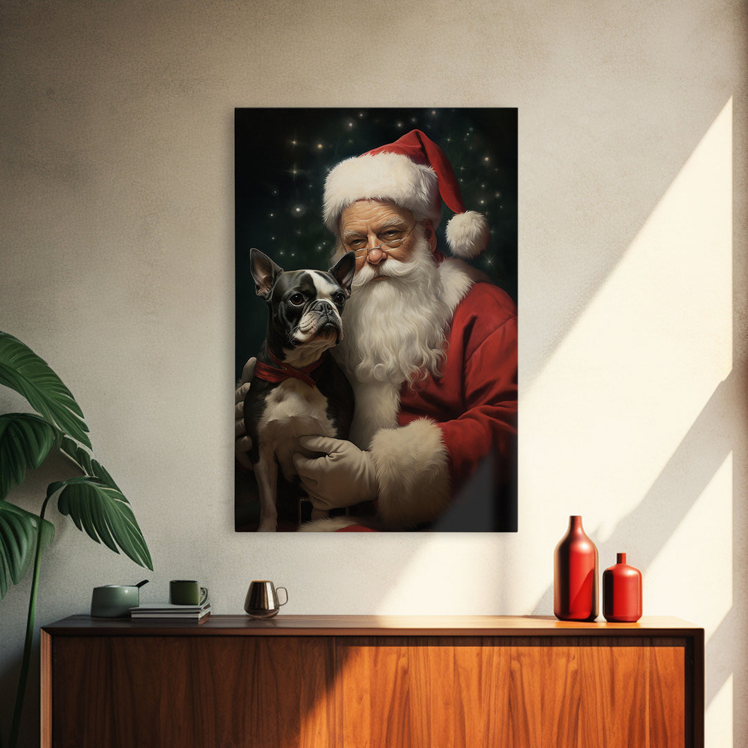Santa Claus And His Boston Terrier, Christmas Wall Art, Dog Gift, Christmas Dog, Winter Wall Art, Santa Decor, Santa Art Print, Cute Dog