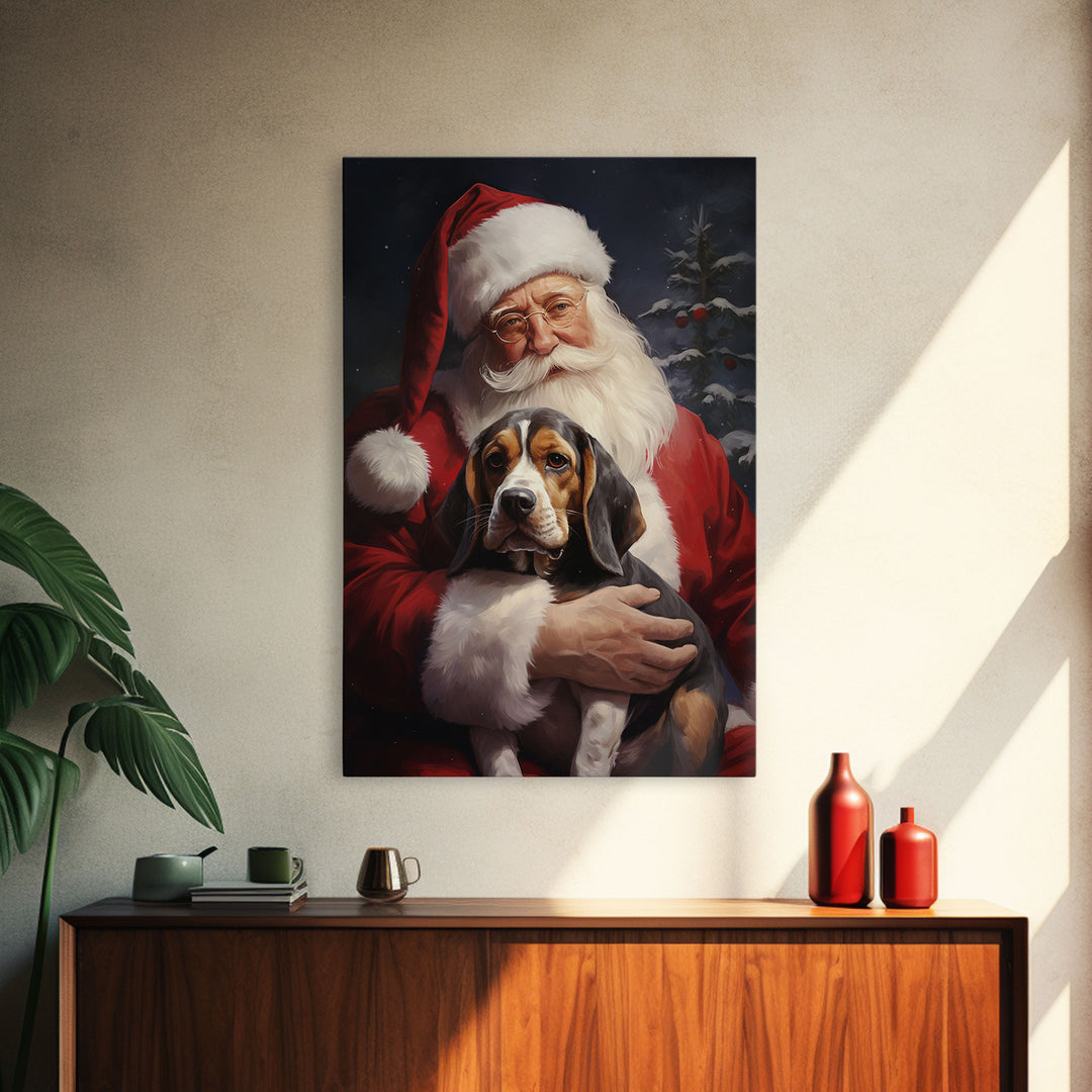 Santa Claus and his Beagle, Cute Dog Art, Framed Canvas Print, Christmas Art, Christmas Decor, Christmas Art Print, Christmas Wall Art