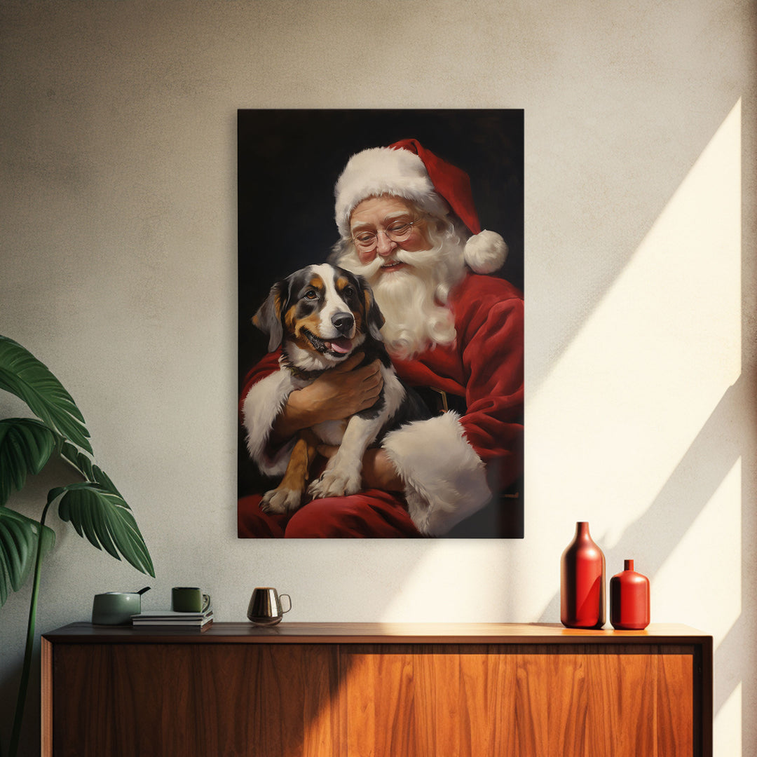 Santa Claus And His Beagle, Christmas Wall Art, Dog Gift, Christmas Dog, Winter Wall Art, Santa Decor, Santa Art Print, Cute Dog Print