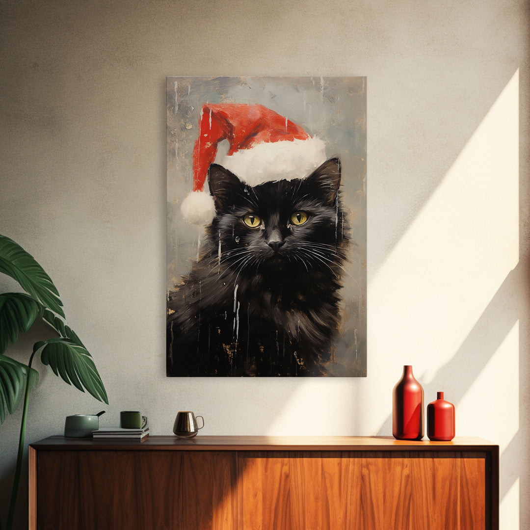 Christmas Cat In A Christmas Hat, Farmhouse Christmas, Farmhouse Decor, Framed Canvas Print, Seasonal Wall Art, Winter Decor, Christmas Art