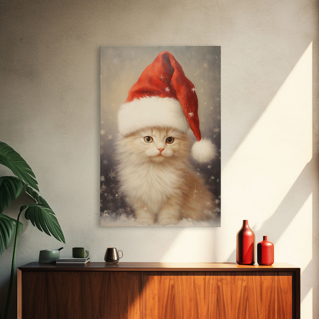 Cute White Kitten In A Christmas Hat, Farmhouse Christmas, Farmhouse Decor, Framed Canvas Print Seasonal Wall Art Winter Decor Christmas Art