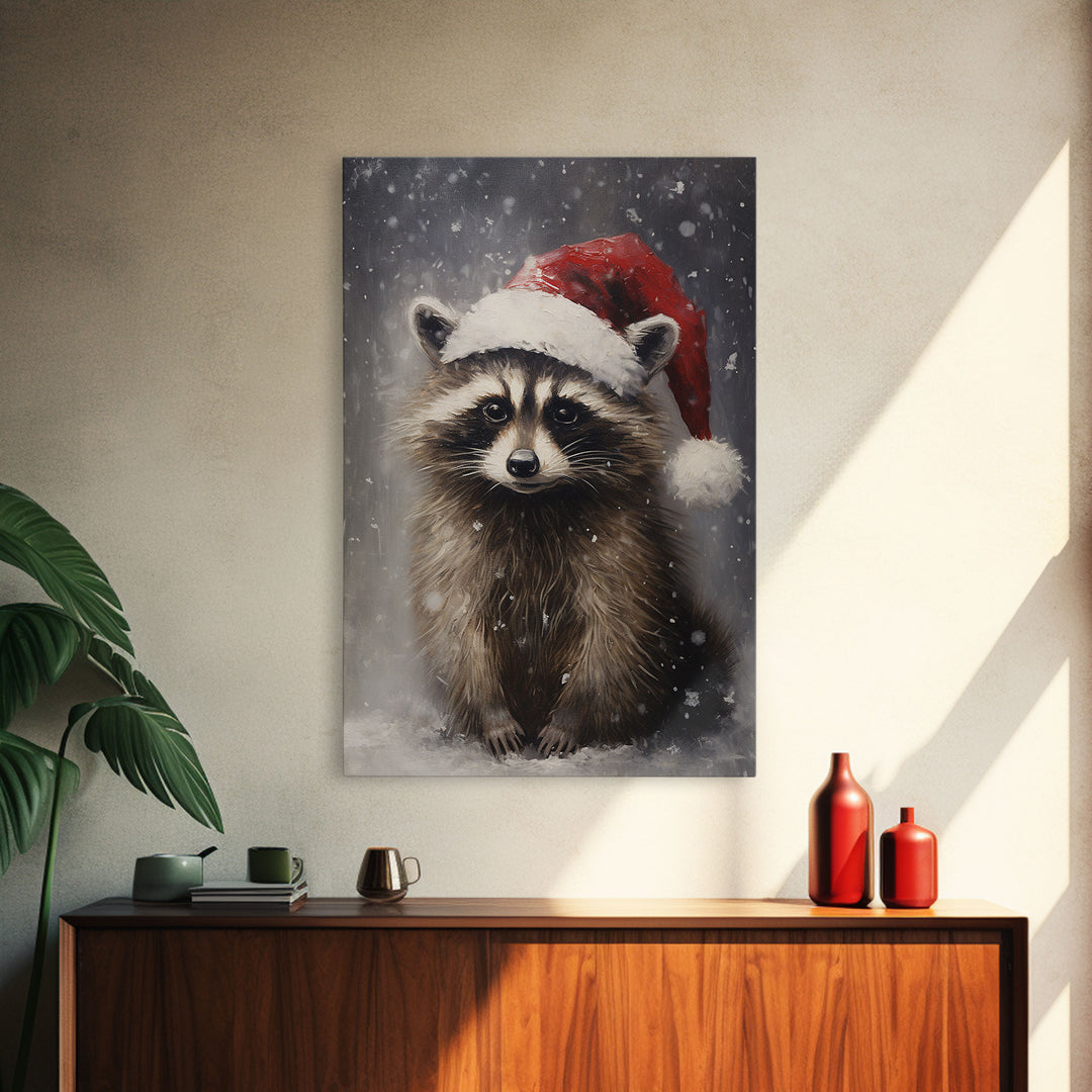 Cute Christmas Raccoon In A Santa Hat, Christmas Art, Christmas Decor, Christmas Wall Art, Farmhouse Christmas, Vintage Christmas Raccoon