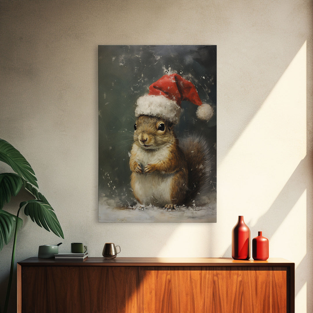 Cute Christmas Squirrel In A Santa Hat, Christmas Art, Christmas Decor, Christmas Wall Art, Farmhouse Christmas, Vintage Christmas Woodland