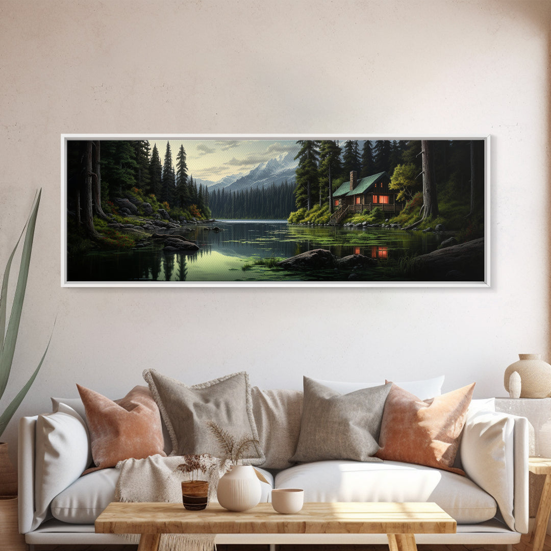 Cozy Cabin on The Lake, Framed Canvas Print, Farmhouse Decor, Landscape Painting, Unique Wall Art