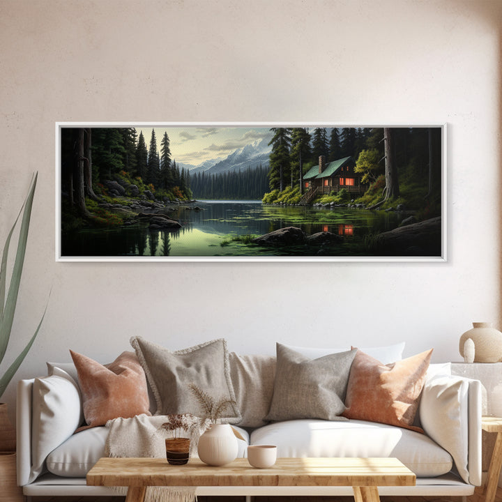 Cozy Cabin on The Lake, Framed Canvas Print, Farmhouse Decor, Landscape Painting, Unique Wall Art