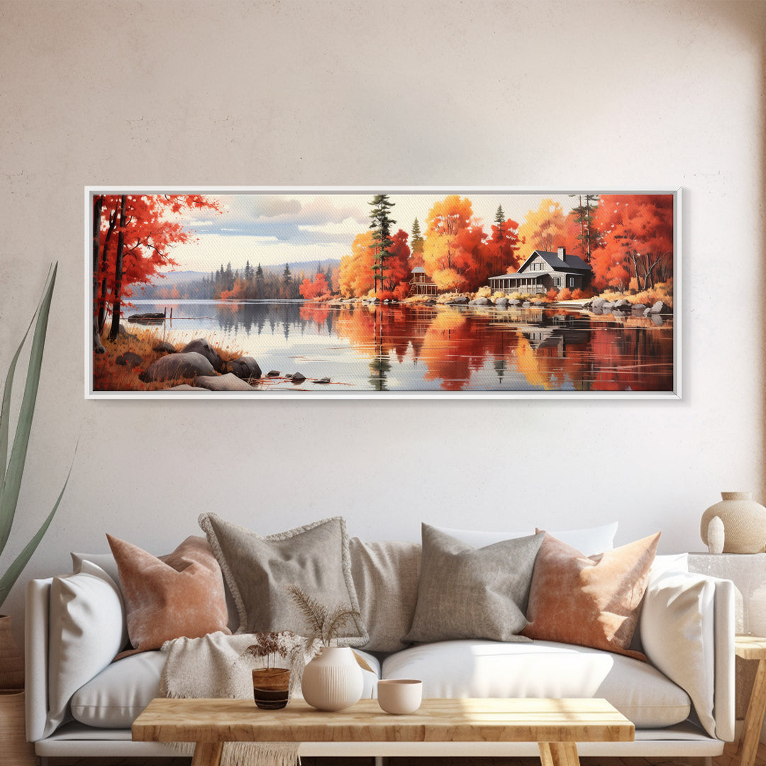 Autumn Cozy Cabin on The Lake, Framed Canvas Print, Farmhouse Decor, Landscape Painting, Unique Wall Art, Fall Decor