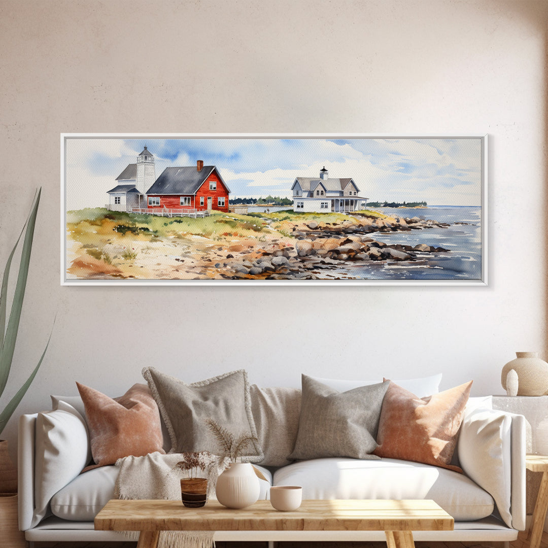 Maine watercolor painting Framed Canvas Print, Maine Seaside Print, Lupine Art Print, Maine Art Print, Lupine Painting, Maine landscape art