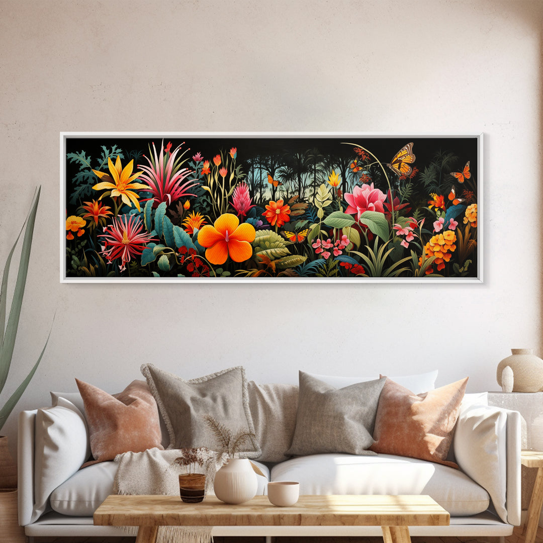 Beautiful Tropical Print "The Jungle" Framed Canvas Print, Panoramic Art, Extra Wide Wall Decor, Living Room Decor