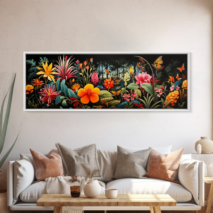 Beautiful Tropical Print "The Jungle" Framed Canvas Print, Panoramic Art, Extra Wide Wall Decor, Living Room Decor