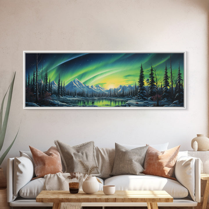 Aurora Borealis, Framed Canvas Print, Beautiful Alaskan Winter Landscape Painting, Moody Art, Unique Wall Art
