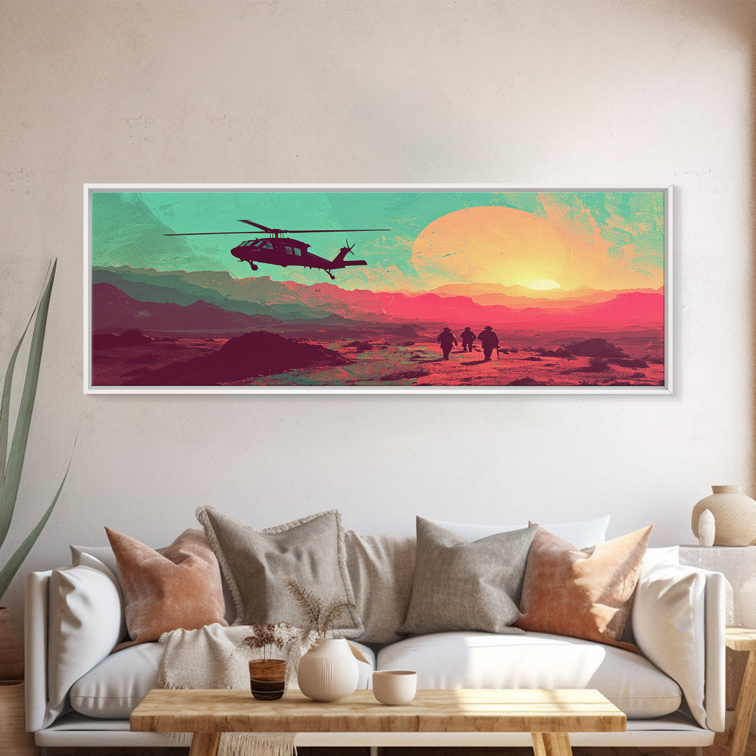 Sunset In The Iraqi Desert - OIF Art - Blackhawk Dustoff - Framed Canvas Print - Veteran Art - OEF, Operation Iraqi Freedom, Retro Military