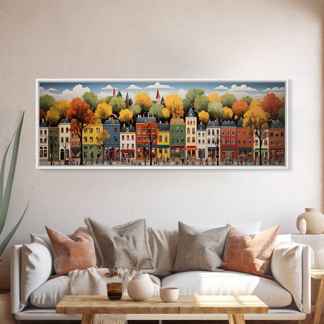 Boston Row Houses - Framed Canvas Print - Colorful Wall Art - Panoramic Print - Boston In The 1800s