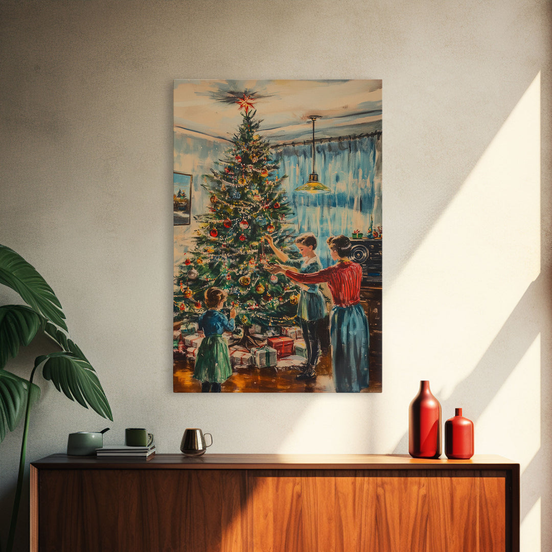 Family Decorating Christmas Tree in Cozy Living Room, Vintage Holiday Scene, Perfect Christmas Wall Decor, Framed Canvas Print