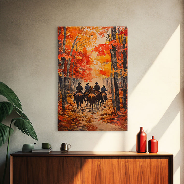Cowboys Riding Into Town On Thanksgiving, Western Fall Decor, Framed Canvas Print, Autumn Outdoor Decor, Christmas poster