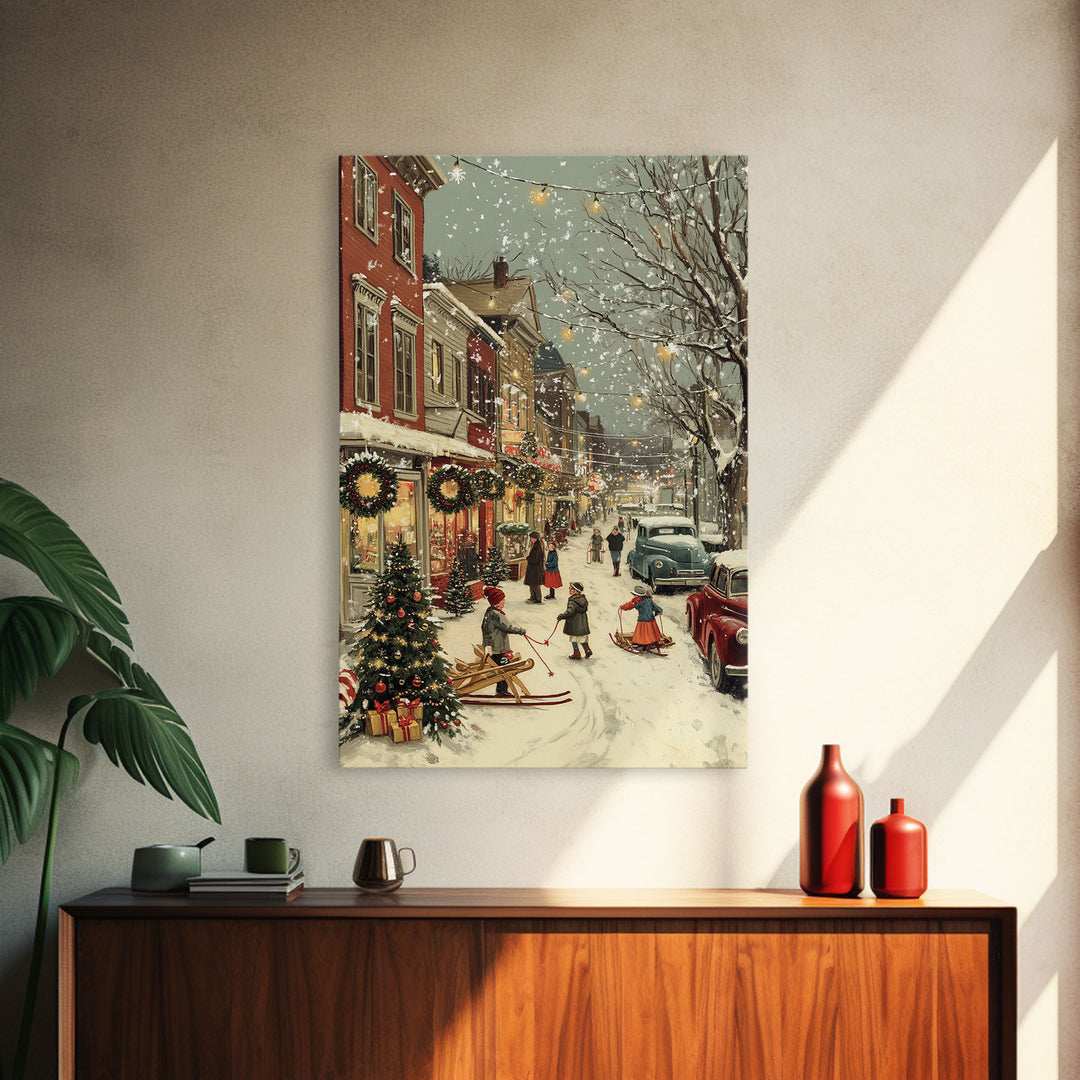 Vintage Christmas Town Scene with Children Playing in Snow, Holiday Street Decor and Wreaths, Framed Canvas Print for Winter Wall Art