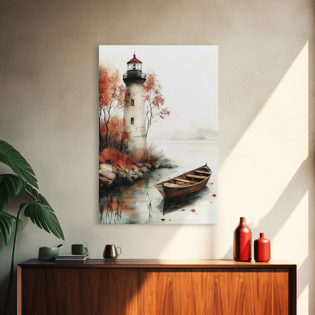Lighthouse In The Fall, Framed Canvas Print, Fall Decor, Autumn Centerpiece Art, Boho Minimalist Style Wall Art