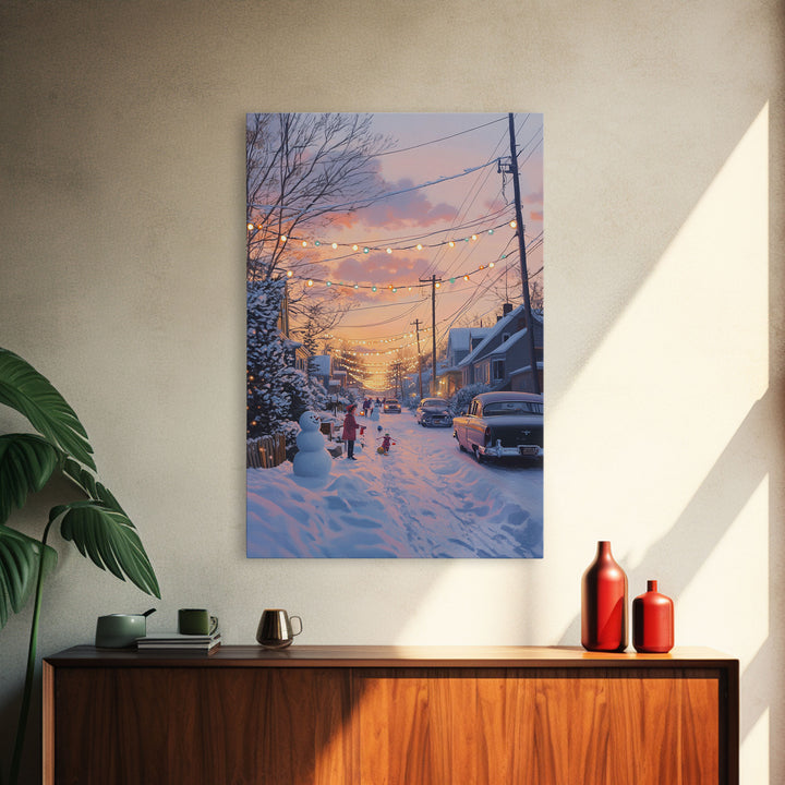 Cozy Neighborhood Christmas Evening with Snowmen and Festive Lights, Perfect for Framed Canvas Print and Holiday Wall Art