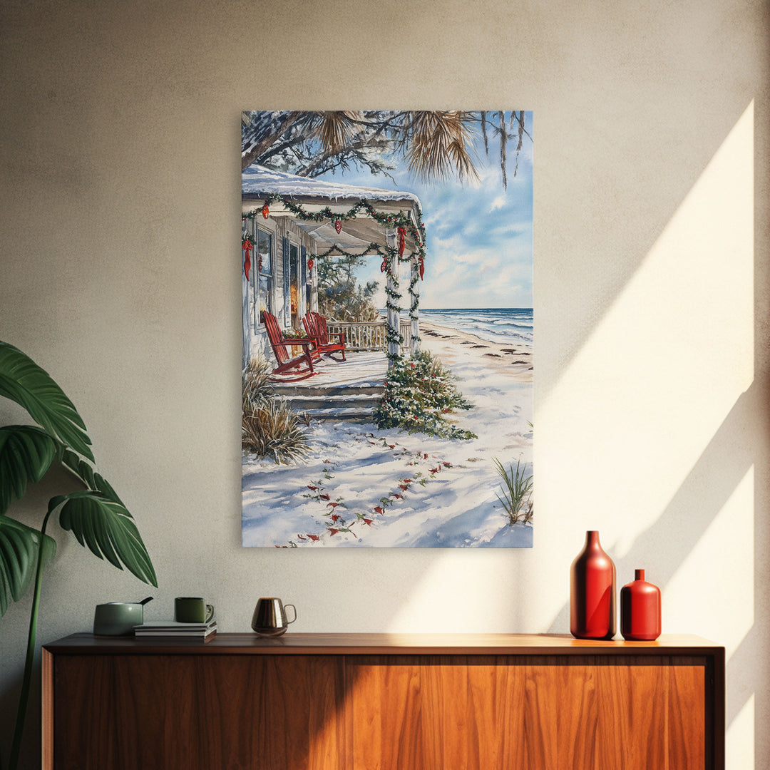 Surf Shack Decorated For Christmas, Tropical Christmas Wall Art, Canvas Print, Framed Wall Art, Christmas Vintage, Christmas Vacation Art