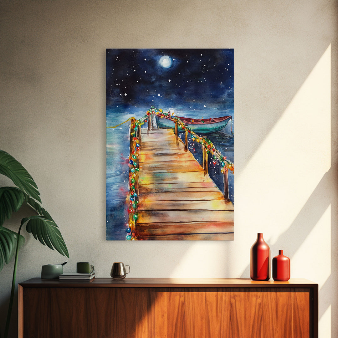 Lakeside Dock Decorated For Christmas, Nautical Christmas Wall Art Canvas Print, Farmhouse Christmas, Lake House Christmas Art