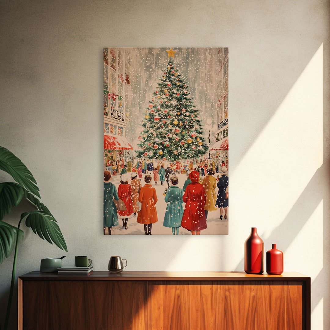 Large Christmas Tree in Snowy Town Square with People Gathering for the Holidays, Framed Canvas Print for Christmas Wall Art