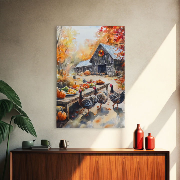 Painting Of A Barn In The Fall, Framed Canvas Print, Thanksgiving Decor, Turkey Painting, Turkey Art