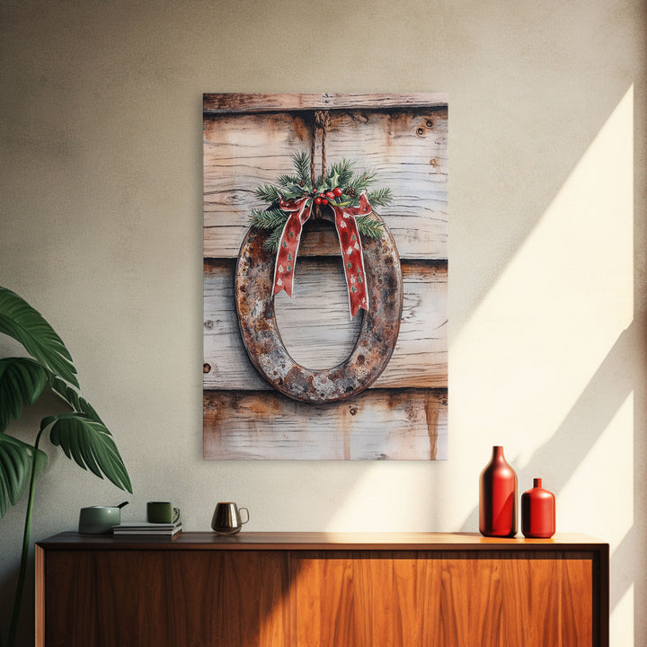 Christmas Horseshoe Framed Canvas Print, Horse Shoe With Mistletoe, Wood Framed Christmas Art, Western Decor, Boho Christmas, Minimalist