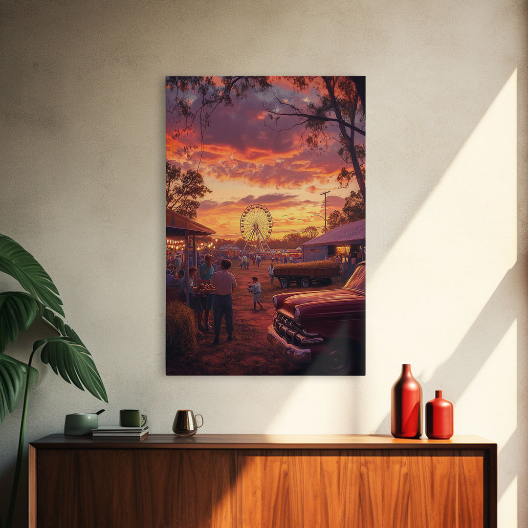 Rustic Country Fair at Sunset, Carnival Ferris Wheel and Warm Autumn Colors, Framed Canvas Print for Seasonal Home Decor