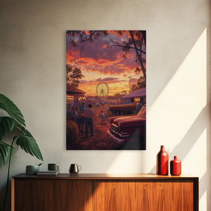 Rustic Country Fair at Sunset, Carnival Ferris Wheel and Warm Autumn Colors, Framed Canvas Print for Seasonal Home Decor