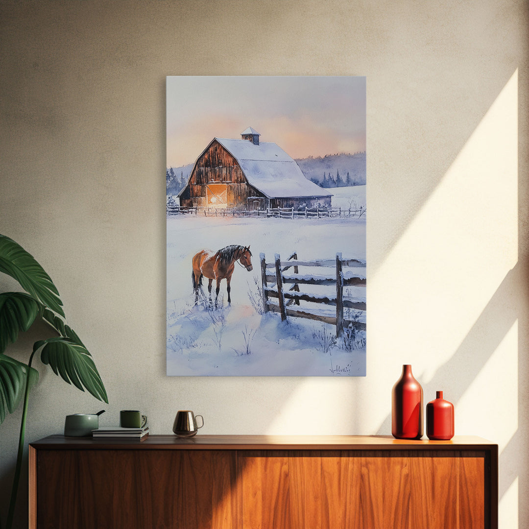 Christmas On The Farm, Winter Wall Art Framed Canvas Print, Gift Idea, Seasonal Decor, Barn Painting, Farmhouse Art