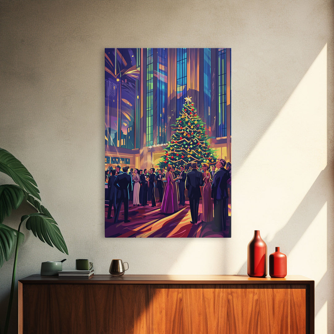 Elegant Christmas Ball Scene with Large Decorated Tree and Holiday Party, Perfect for Framed Canvas Print and Christmas Wall Art