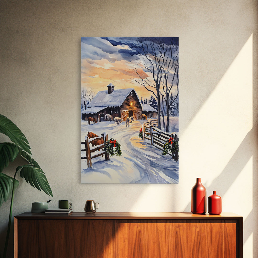 Christmas On The Farm, Winter Wall Art Framed Canvas Print, Gift Idea, Seasonal Decor, Barn Painting, Farmhouse Art