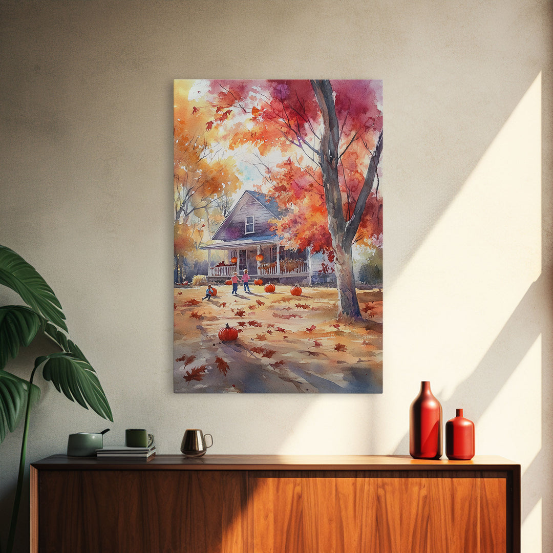 Kids Playing In Fall Leaves Framed Canvas Print Autumn Country Wall Art Farmhouse Decor Best Gift Idea Seasonal Holiday Wall Art
