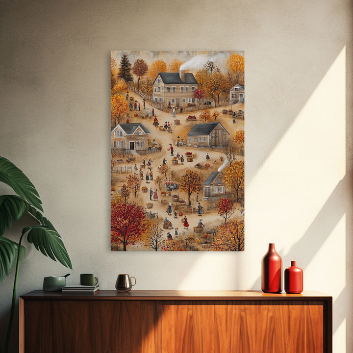 Folk Art Harvest Scene with Autumn Colors and Cozy Farm Activities, Perfect for Framed Canvas Print and Seasonal Wall Decor