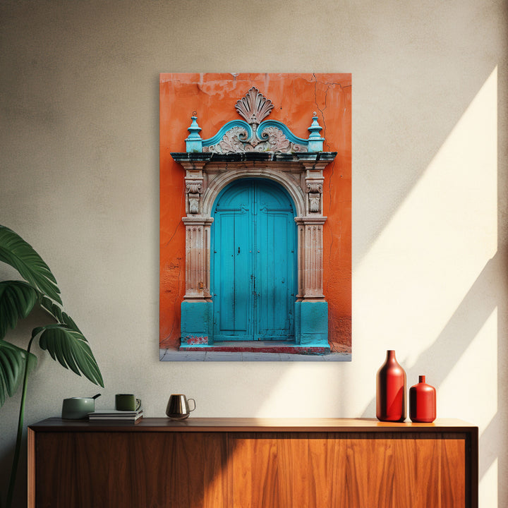 Change1 Mexican Wall Art, Colorful Mexican Door Architecture Painting Framed Canvas Print, Traditional Hacienda Architecture, Ready To Hang