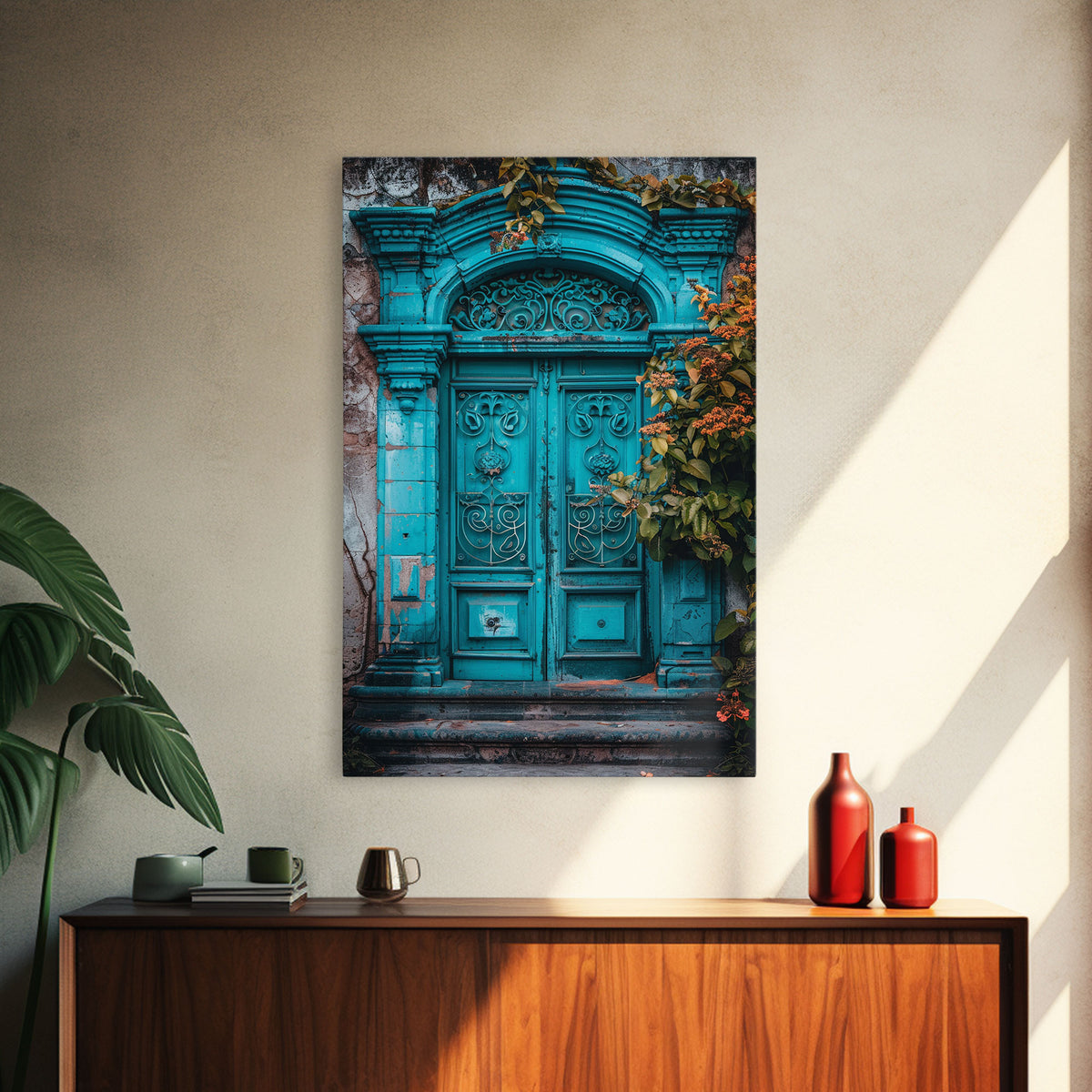 Change23 Mexican Wall Art, Colorful Mexican Door Architecture Painting Framed Canvas Print, Traditional Hacienda Architecture, Ready To Hang